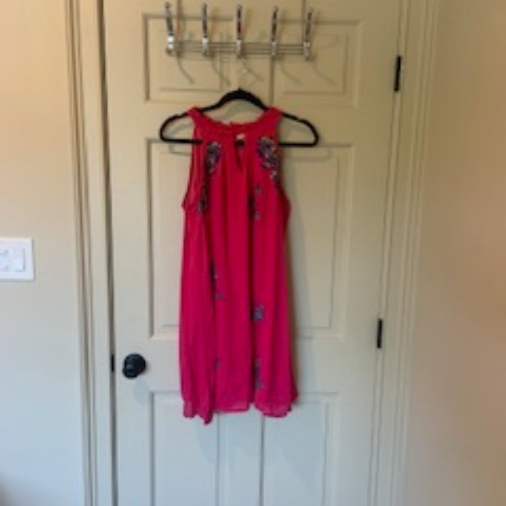 Hot pink halter dress with blue flowers